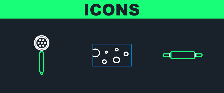 Set line Rolling pin, Strainer spoon and Cheese icon. Vector