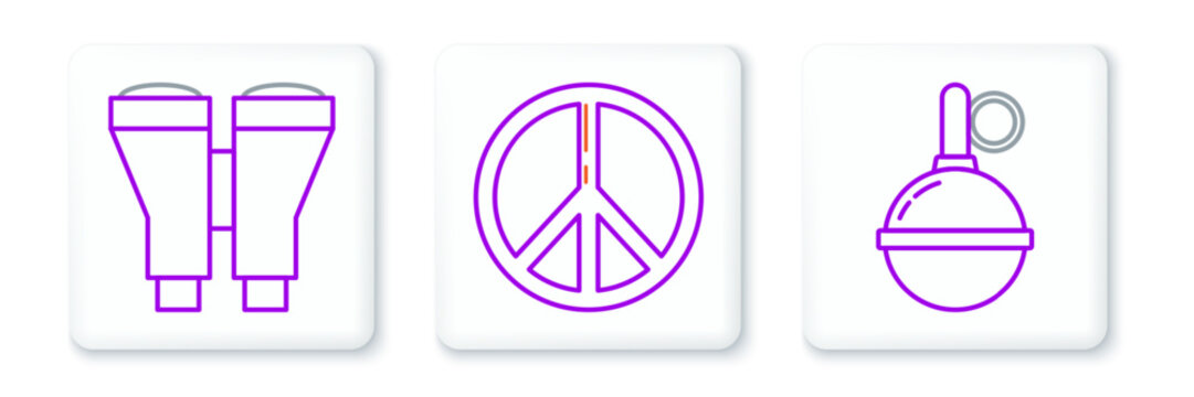 Set line Hand grenade, Binoculars and Peace icon. Vector