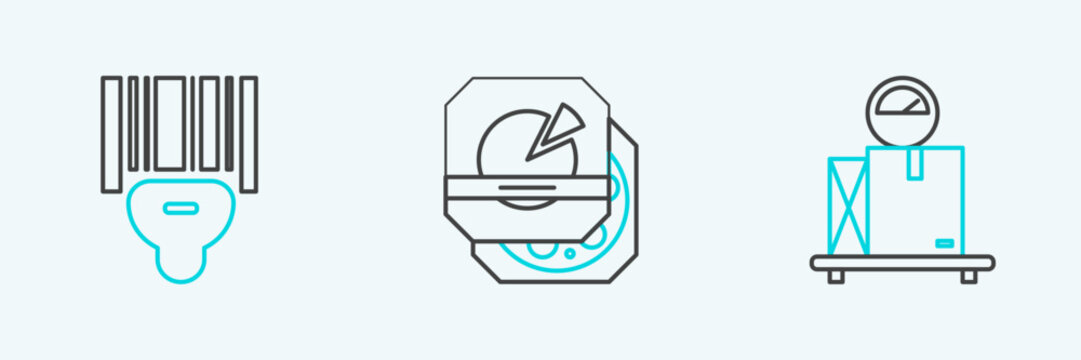 Set line Scale with cardboard box, Scanner scanning bar code and Pizza icon. Vector
