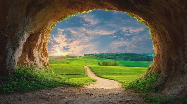 Serene view from cave into lush green hills.