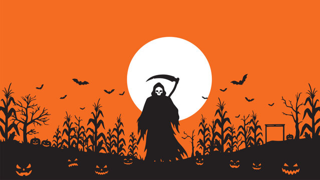 Grim Reaper Cornfield Sunset Background, Spooky Halloween Harvest Vector Landscape