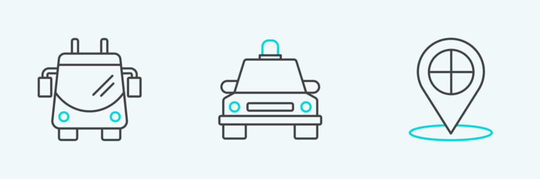 Set line Map pointer with taxi, Trolleybus and Taxi car icon. Vector