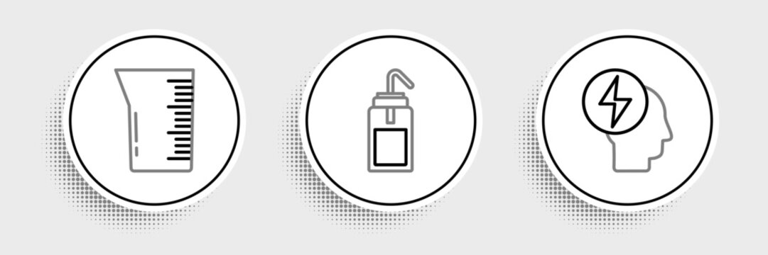Set line Head and electric symbol, Laboratory glassware or beaker and wash bottle icon. Vector