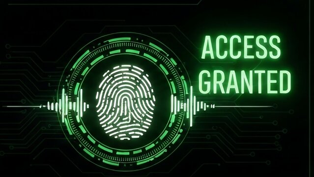 Biometric fingerprint scanner interface showing access granted green verification text on screen

