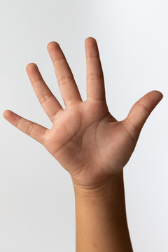 Child hand showing open palm and five fingers for kid counting sign