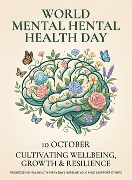 World Mental Health Day poster with brain illustration. Awareness campaign design for wellbeing and resilience growth on October 10th.