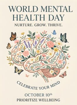 World Mental Health Day poster with brain illustration. Awareness campaign design featuring growth and positivity themes.