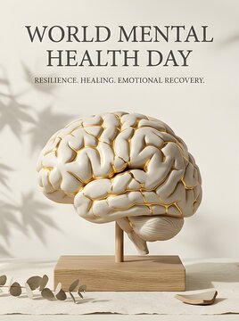 World Mental Health Day awareness campaign poster with brain model. Psychological wellness illustration for healthcare education and therapy promot...