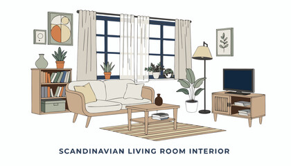 Fototapeta premium Very beautiful realistic vector illustration of a Scandinavian Living Room Interior featuring a complete naturally arranged room with a light wooden sofa, coffee table, TV cabinet, bookshelf, woven ru