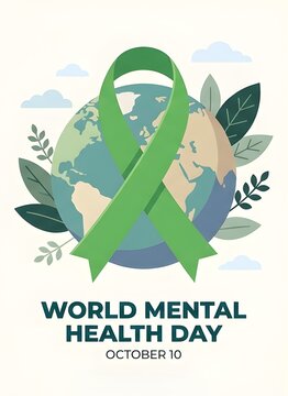 World Mental Health Day awareness ribbon on global map. Green support symbol for October 10 mental wellness campaign poster.