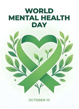 World Mental Health Day awareness ribbon design. Green mental wellness symbol with leaves for October 10 campaign.