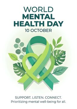 World Mental Health Day poster with green ribbon. Awareness campaign illustration for October 10th global event.