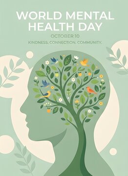 World Mental Health Day poster with vibrant brain tree illustration. Flat vector design promoting psychological wellness and emotional balance awar...