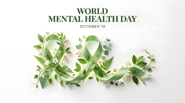 World Mental Health Day poster with green ribbon and flowers. Awareness campaign design for wellness and emotional support events.
