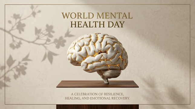World Mental Health Day awareness campaign poster with brain model. Psychological wellness illustration for corporate health programs and social me...