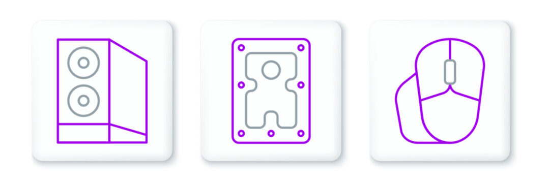 Set line Computer mouse, Case of computer and Hard disk drive HDD icon. Vector