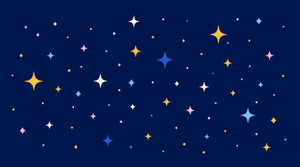 Naklejka premium Abstract Night Sky Vector Background Featuring Scattered Colorful Glitter Sparkles and Glowing Stars on a Deep Midnight Blue Expanse for Magical Celestial Graphic Design and Festive Holiday Decor