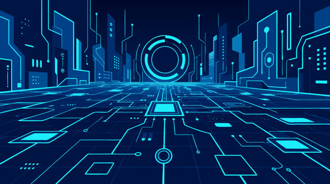 Futuristic Digital Technology Background with Glowing Neon Cyan Circuit Lines, Data Flow, and Cybernetic Grid Perspective, High-Tech Abstract Concept for Software Development and Artificial