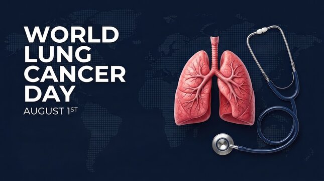 World Lung Cancer Day banner on August 1st with realistic 3D human lungs and stethoscope