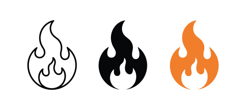 Flame icon set representing fire heat intensity outline solid and gradient style vector illustration design