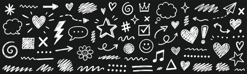 Set of hand drawn doodle elements, including arrows, hearts, stars, speech bubbles, and various shapes, sketched with white chalk on a black chalkboard background. © Zbrake Studio