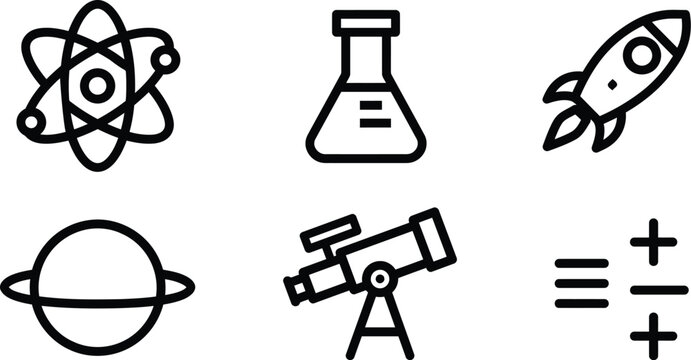 Science icon set depicting laboratory equipment and space