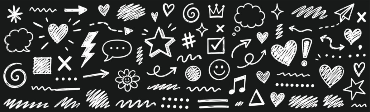 Set of hand drawn doodle elements, including arrows, hearts, stars, speech bubbles, and various shapes, sketched with white chalk on a black chalkboard background.