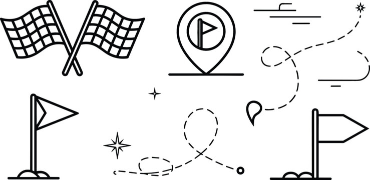 Racing checkered flag and route navigation map pin line art vector illustration icon set finish concept