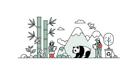 Conservationists protecting panda in bamboo forest environment © bella