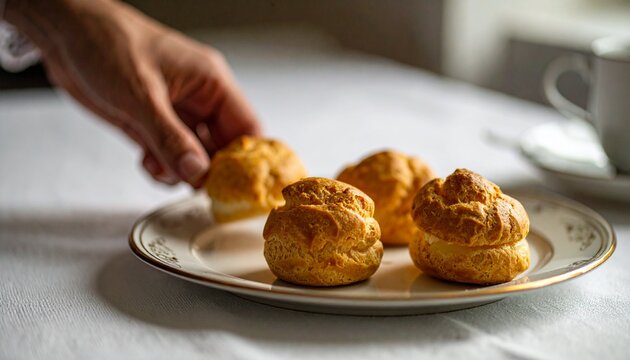 hand placing cream puff on elegant plate with tea cup