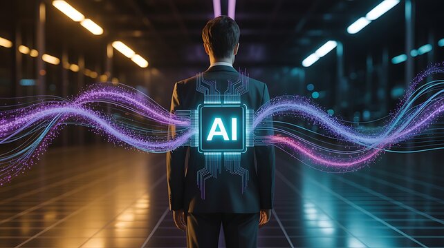 Businessman with ai digital brain chip in city at night