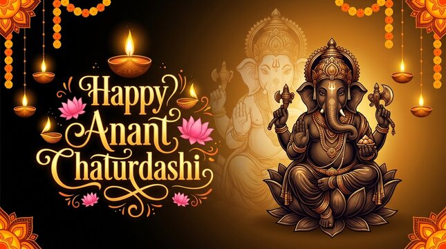 Happy Anant Chaturdashi Greetings Lord Ganesha Blessings Indian Festival Celebration Background Image