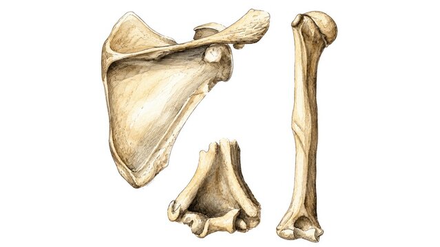 Human scapula humerus and larynx bones detailed anatomical illustration showing shoulder skeletal structures isolated on white background