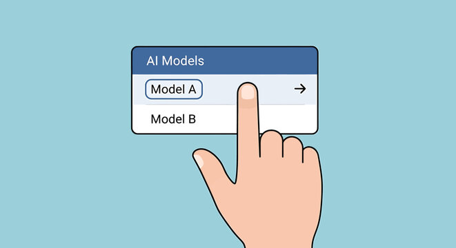 Hand selecting AI Model A from a dropdown menu list vector illustration.