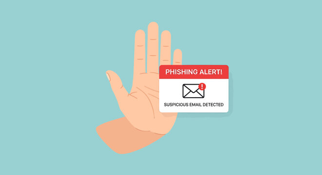 Hand showing stop gesture to phishing alert notification representing email security and cyber threat protection.