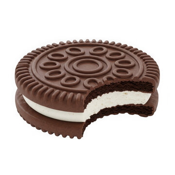 Chocolate sandwich cookie with white cream filling and bite missing.