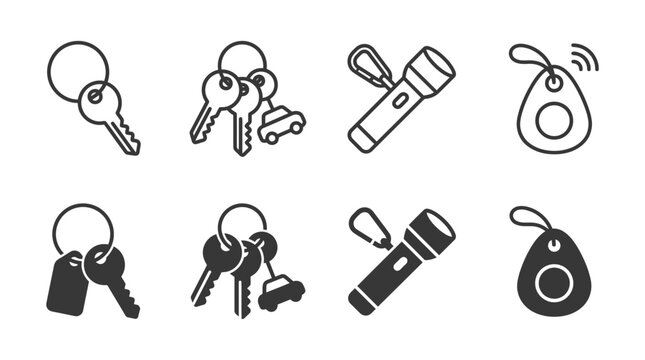 Collection of keychain and utility icons featuring house keys car keys flashlights and wireless security tags, keychain