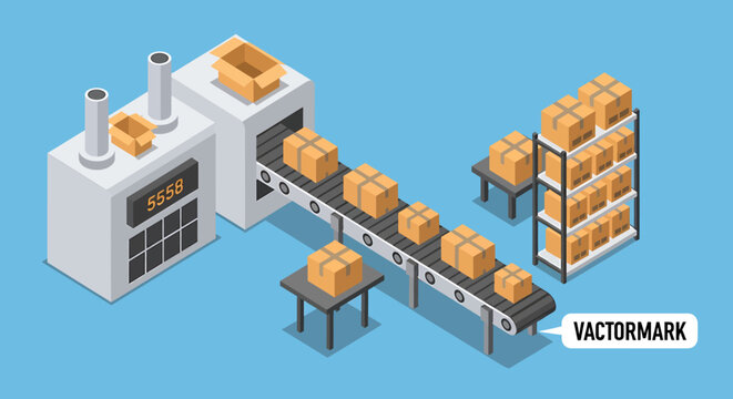 Isometric factory conveyor belt with cardboard boxes and warehouse storage shelves vector illustration.
