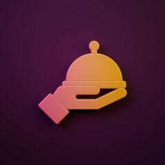 Fototapeta premium Orange-yellow Covered with a tray of food icon isolated on purple background. Tray and lid sign. Restaurant cloche with lid. Minimalism concept. 3D render illustration