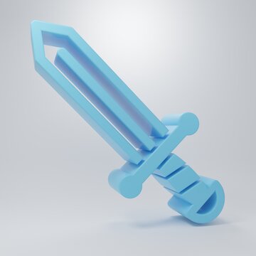 Blue Medieval sword icon isolated on grey background. Medieval weapon. Minimalism concept. 3D render illustration