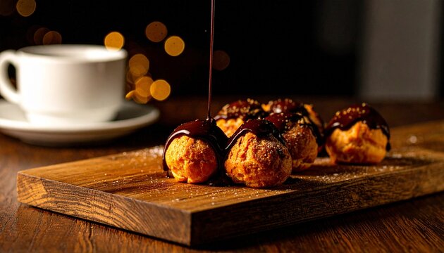 profiteroles with chocolate sauce on wooden board and bokeh background