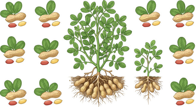 Organic peanut botanical illustration with green plant bush root system harvested groundnuts and kernels isolated on white