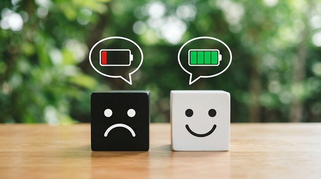 Emotional battery status concept with sad and happy face blocks, low and full battery level icons, mental health and energy balance metaphor