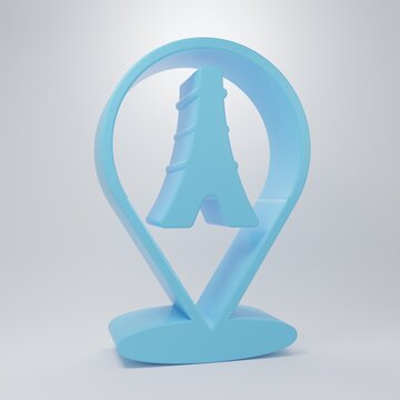 Blue Eiffel tower icon isolated on grey background. France Paris landmark symbol. Minimalism concept. 3D render illustration