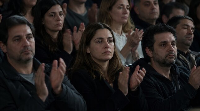 Serious Audience Clapping and Applauding with Solemn Expressions During an Indoor Conference Event, Representing Mixed Reaction, Public Support, and Civic Engagement