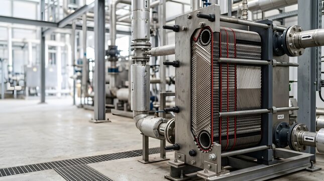 industrial plate heat exchanger cutaway revealing stacked heat transfer plates gasket channels and fluid circulation