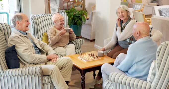 Group, conversation and elderly people in home with laugh, reunion and funny joke in lounge. Smile, friends and happy together for memory, retirement bonding and comic chat on sofa in living room