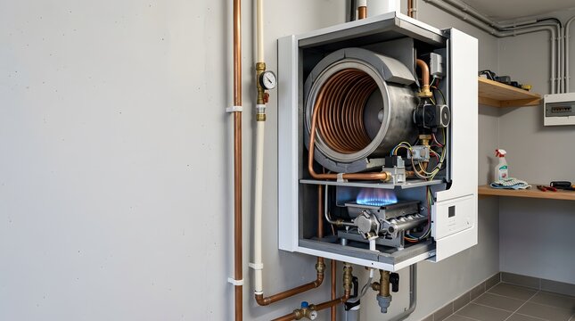 residential gas boiler cutaway revealing heat exchanger burner assembly circulation pump and heating system