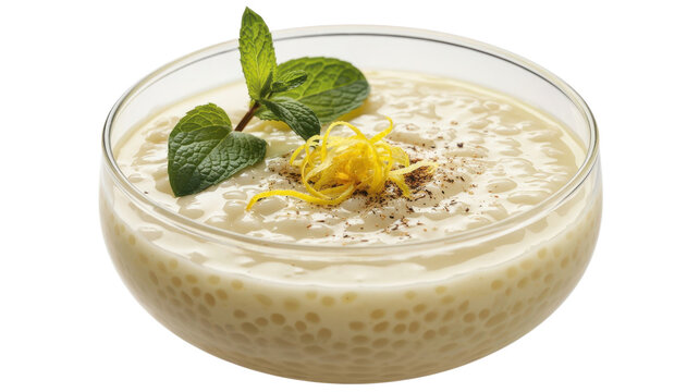 Creamy tapioca pudding in a glass bowl isolated on transparent background for food advertising