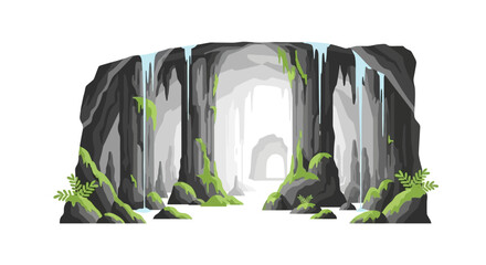 Dark cave interior with falling waterfalls and moss © ardi